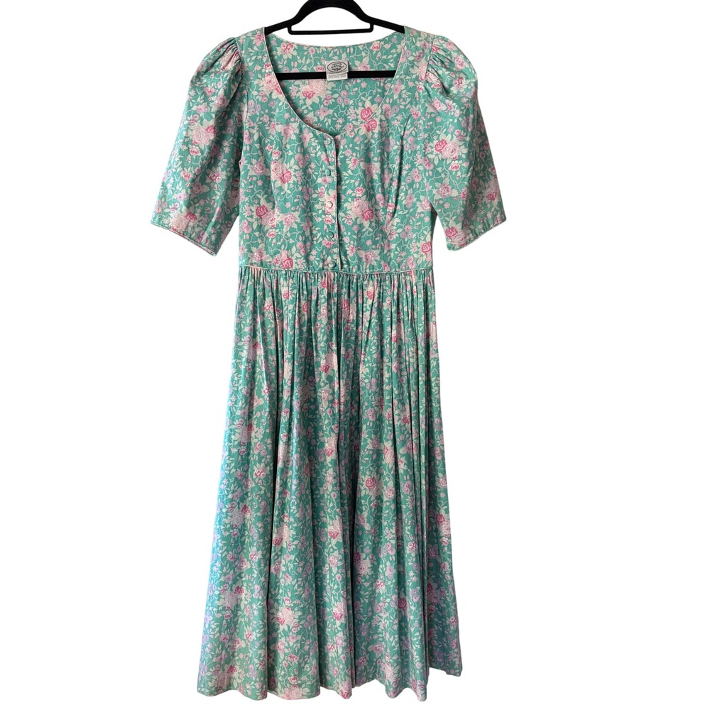 Vintage Laura Ashley Teal Pink Floral Cotton Midi Dress Great Britain XS Tag 12